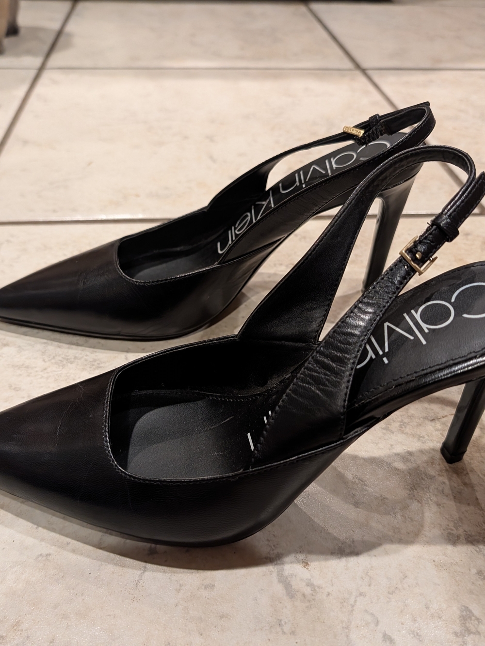 Calvin Klein Black Leather Slingback Pointed-Toe Heels